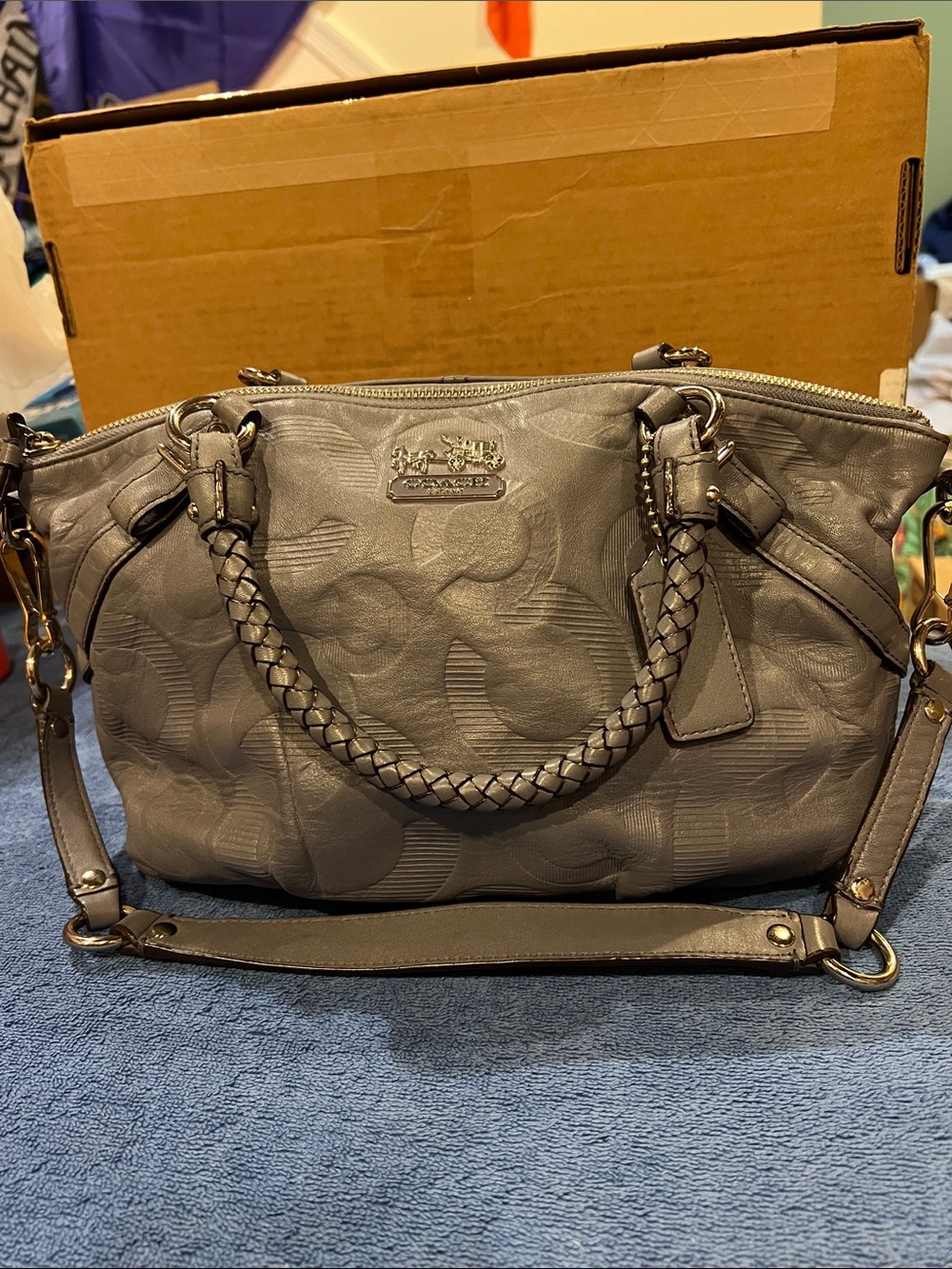 Coach Gray Braided Leather Satchel with Signature Pattern